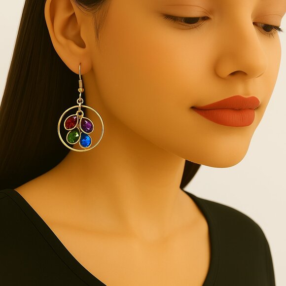 Gold-Tone Multicolor Heart Gem Drop Earrings – Dangle Hoop Statement Jewelry - Picture 1 of 5